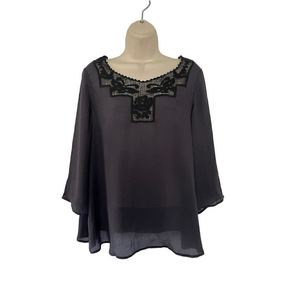 The GREAT. Womens Sz 0 Black Silk Crochet Detailed Semi Sheer Popover Top Blouse